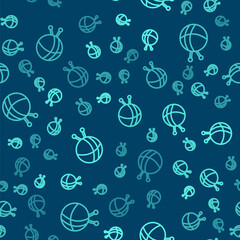 Green line Yarn ball with knitting needles icon isolated seamless pattern on blue background. Label for hand made, knitting or tailor shop. Vector.