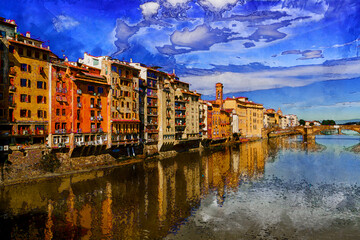 View to embankment of Arno river with bridge and medieval buildings, Florence, Italy. Painted style illustration