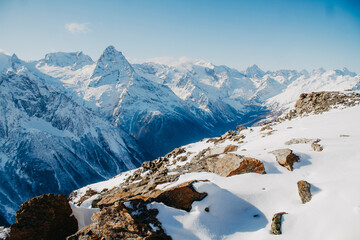 Winter landscape of mountains. Mountain Caucasian ridge.