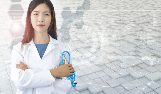 smiling asian woman doctor with lab coat and stethoscope on holographic background with data, icons and graphs - Powered by Adobe