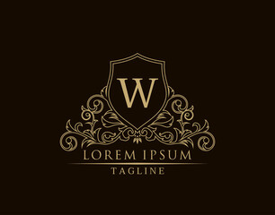 Luxury Royal Letter W Logo Design, Elegant Shield With Out Line Floral Design.