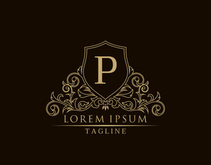 Luxury Royal Letter P Logo Design, Elegant Shield With Out Line Floral Design.