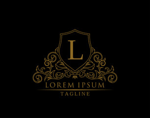 Luxury Royal Letter L Logo Design, Elegant Shield With Out Line Floral Design.