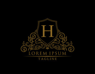 Luxury Royal Letter H Logo Design, Elegant Shield With Out Line Floral Design.