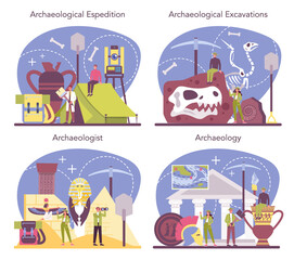 Archaeologist concept set. Ancient history scientist, paleontologist.