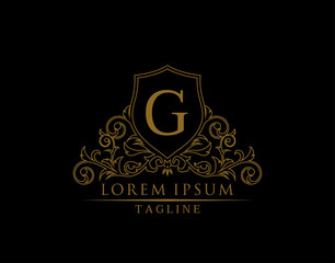 Luxury Royal Letter G Logo Design, Elegant Shield With Out Line Floral Design.