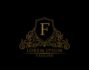 Luxury Royal Letter F Logo Design, Elegant Shield With Out Line Floral Design.