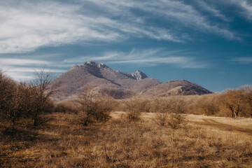 Beautiful clouds in the mountains. Landscape of mountains in autumn.