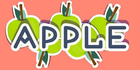 Naklejka premium The word Apple is isolated on a colored background along with the banner apples. Sticker Lettering with shadow in soft colors. Vector illustration in a simple flat style..