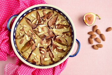 Fig Almond Clafoutis. Gluten Free Dessert. Flat lay
