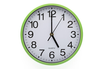 Five o'clock. Wall clock showing time on white background. Clipping path included.