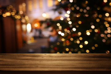 Empty table in front of christmas tree with decorations background. For product display montage