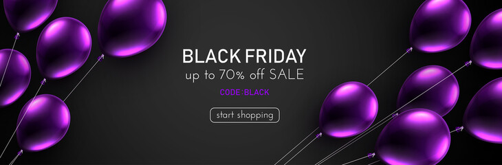 Black friday dark background with violet balloons.
