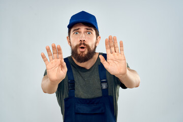 Fototapeta premium Man on working form emotions lifestyle delivery service light background