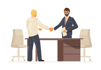 Work meeting, interviewing company director with candidate for vacancy. Shaking hands with director and hiring an employee. Applicant found a job