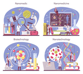 Nanomedic set. Scientists work in labarotary on nanotechnology.