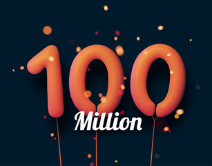 100 million sign orange balloons with threads on black background. - obrazy, fototapety, plakaty