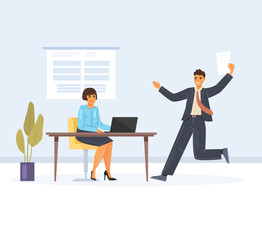 Time management concept. Office workers hurry up with job with contracts and documents to have time by the deadline. Running employee with paper flat vector