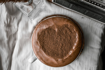 A cup of hot coffee. Chocolate pie