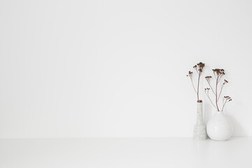 Decoration twigs in a vase and white wall background.