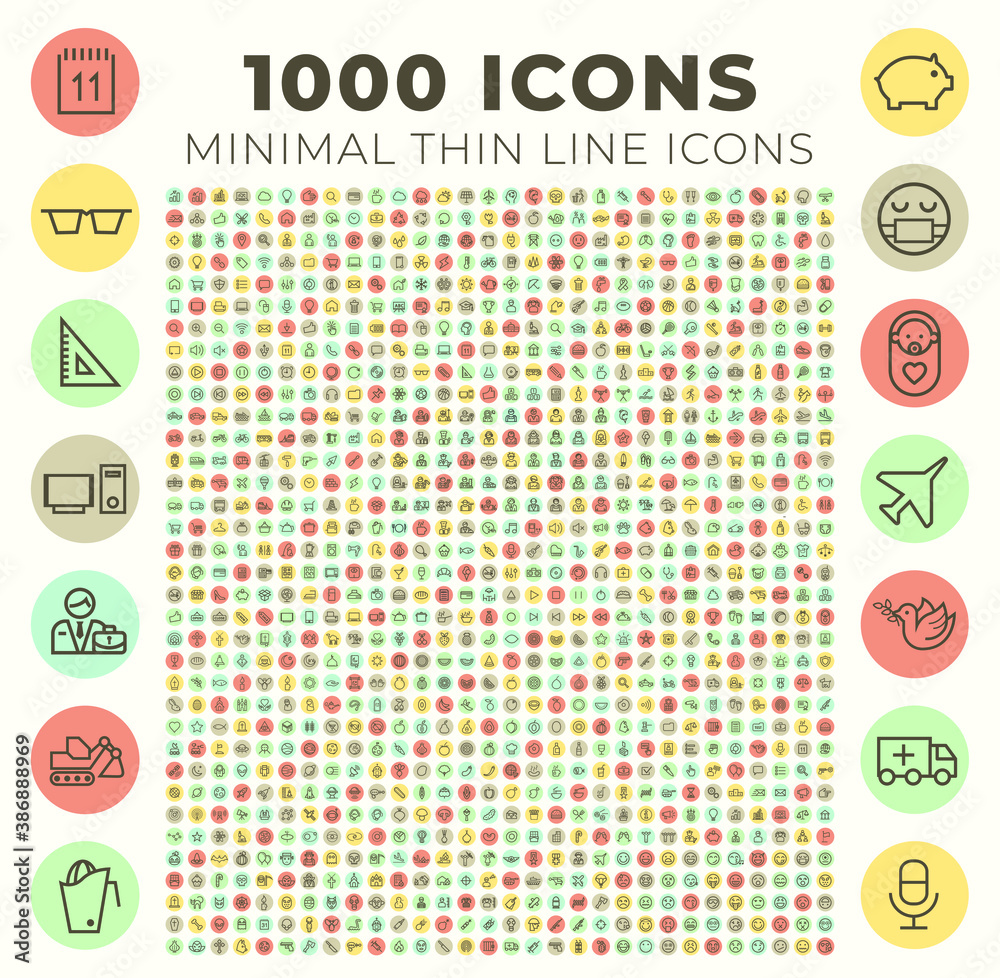 Poster set of high quality universal icons on circular colorful buttons . isolated vector elements