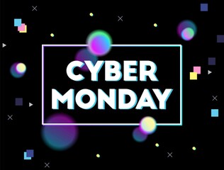 Cyber monday sale. Text. Border frame. Vector artwork. Trendy retro 80's, 90's style. Print. Minimal concept. Blue, black, pink, yellow, green, purple colors. Retrowave, synthwave, rave, vapor wave