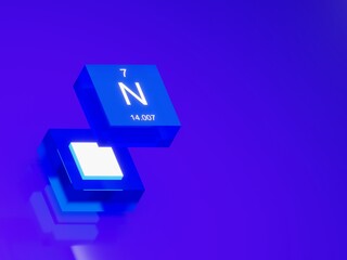 Nitrogen symbol element from the periodic table blue glass cube orthographic view	