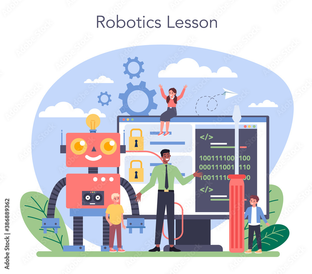 Poster robotics school subject concept. robot engineering and programming