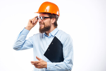 Business man in orange paint security documents providing services