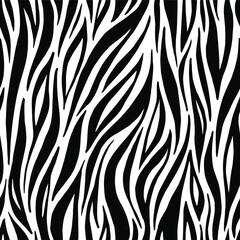 Zebra seamless pattern. Animal skin print, tiger stripes, abstract line background. Vintage, retro 80s, 90s. Hand drawn vector. Exotic, tropical. Poster, banner. Black and white artwork, monochrome