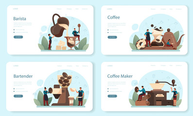 Barista web banner or landing page set. Bartender making a cup of hot