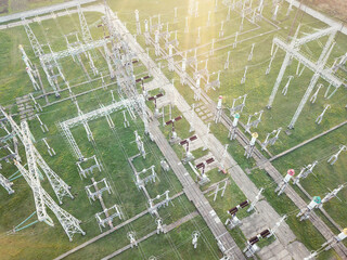 Transformer : The equipment used to raise or lower voltage, high voltage power station. Top view from flying drone