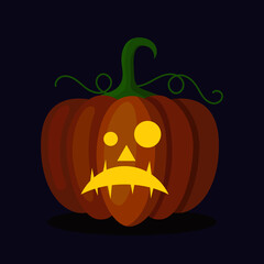 Orange pumpkin lantern with a scary face for Halloween. Festive decoration. Cartoon vector illustration on dark background