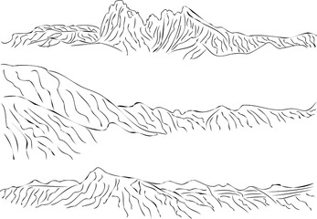 Vector illustration: hand-drawn landscape with mountains, Linear design. Sketch