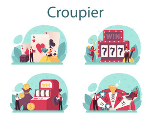 Croupier concept set. Dealer in casino near roulette table. Person in uniform