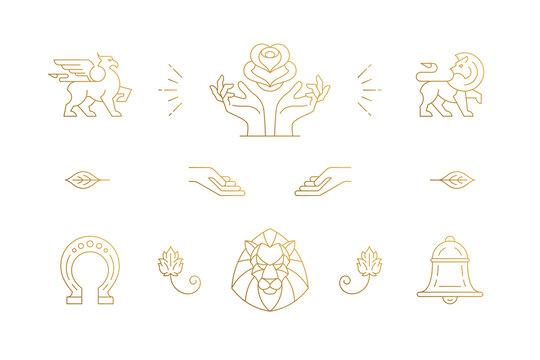 Vector line elegant decoration design elements set - lion head and gesture hands illustrations minimal linear style