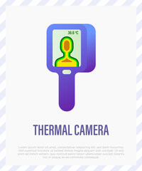 Thermal camera. Scan people's temperature. Detection of covid-19.  Measurement of fever. Thin line icon, vector illustration.