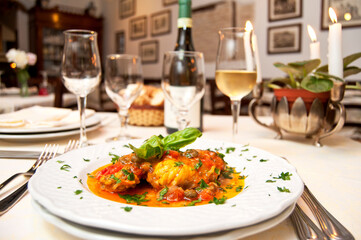 Monkfish fillets with tomatoes sauce and basil