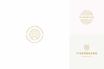 Vector line logos emblems design templates set - female face and leaves illustrations simple minimal linear style