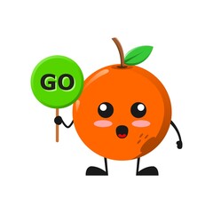 vector illustration of Cute orange fruit mascot or character holding sign say go. cute orange fruit Concept White Isolated. Flat Cartoon Style Suitable for Landing Page, Banner, Flyer, Sticker.