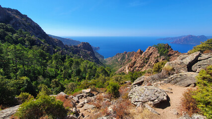Fototapeta na wymiar Beautiful view in Corsica stock images. Corsican landscape with mountains and sea stock photo. Beautiful landscapes of Corsica island stock images