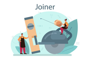 Jointer or carpenter concept. Builder wearing helmet and overalls