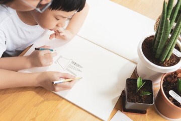 Top view close up of an asian mom teaching her adorable little boy how to draw a plant for practising motor skills through art. Montessori, Homeschool, Family activity, Child development concept