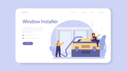 Worker in uniform install window web banner or landing page.