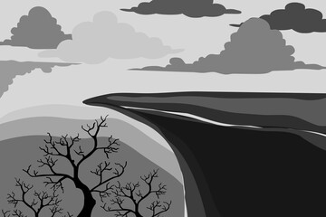illustration of cliff tree and clouds, in gray tone. flat design vector.