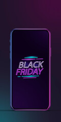 Device with neon lettering, black friday, sales, shopping concept. Flyer with copyspace. Cyber monday and online purchases, negative space for ad. Finance and money. Neon dark background.