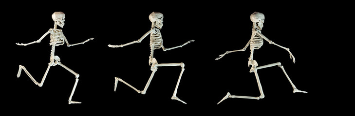 A skeleton is running away on a black background.