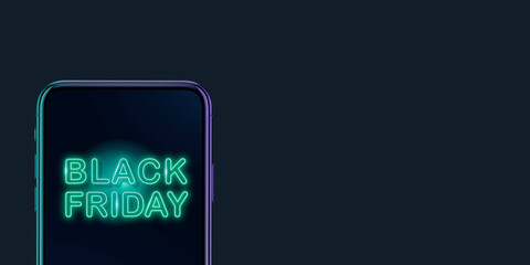 Device with neon lettering, black friday, sales, shopping concept. Flyer with copyspace. Cyber monday and online purchases, negative space for ad. Finance and money. Neon dark background.
