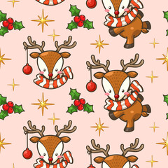 Seamless pattern cute deer cartoon Christmas wears a red and white scarf, Merry Christmas lettering, Christmas cherry, and gold sparkle. Decoration, logo, greeting card, pattern, and more.