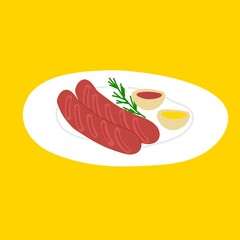 Two sausages lie on the grill with two sauces - mustard and ketchup. Vector illustration is isolated on yellow background.